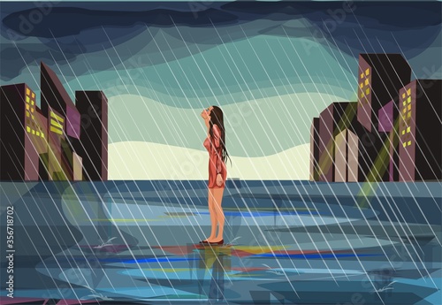 the girl stands alone in the rain. she's disappointed. vector.