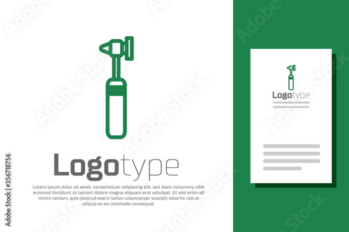 Green line Medical otoscope tool icon isolated on white background. Medical instrument. Logo design template element. Vector Illustration.