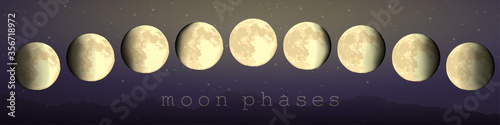 moon phases vector set of astronomical hand draw elements newmoon crescent fullmoon. horizontal landscape format for banners and print