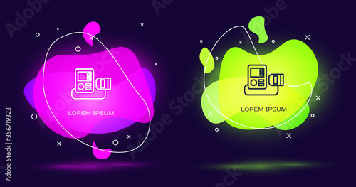 Line Blood pressure icon isolated on black background. Abstract banner with liquid shapes. Vector Illustration.