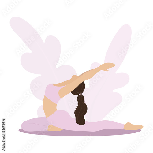 Pigeon pose. Isolated young woman character doing yoga. Healthy living time with yoga exercises. Vector illustration