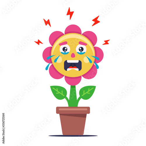 flower crying from bad ecology. the plant is sick and wilted. Flat character vector illustration.