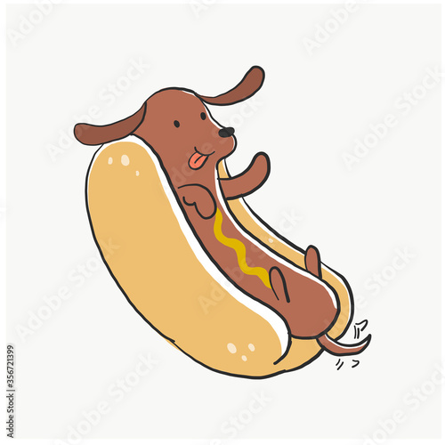 Cute kawaii real hot dog for t-shirt  graphic. A dog as a sausage in hotdog bun. Vector illustration.