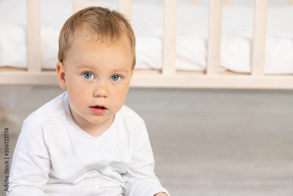 portrait of a child playing near the crib, a baby boy 2 years old sitting with toys, early development