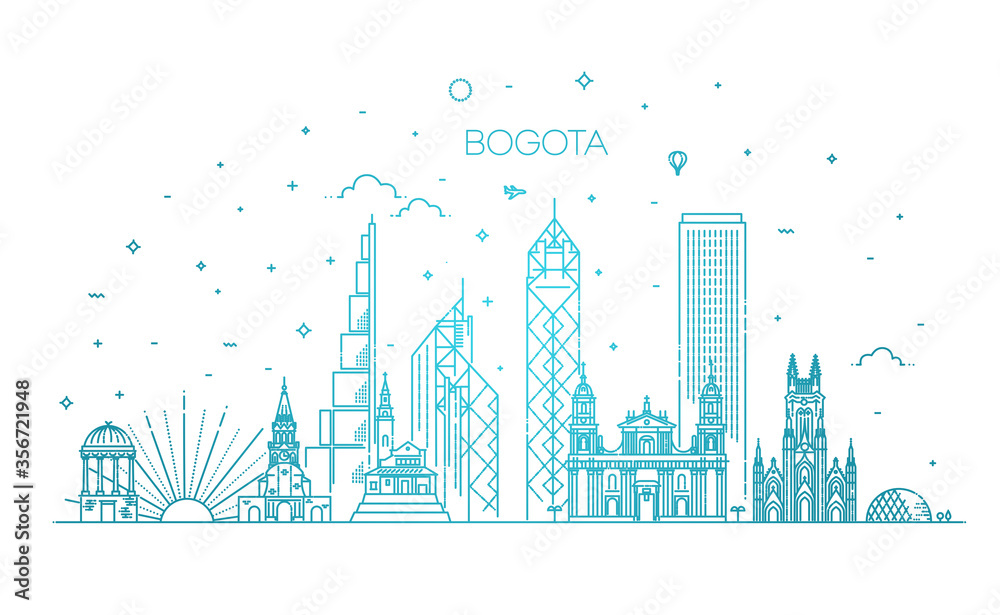 Bogota architecture line skyline illustration. Linear vector cityscape with famous landmarks