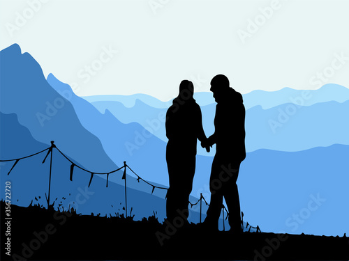 Silhouette of two people holding hands, standing next to fence in cold weather wearing jackets. Mountains is the background. Vector illustration.