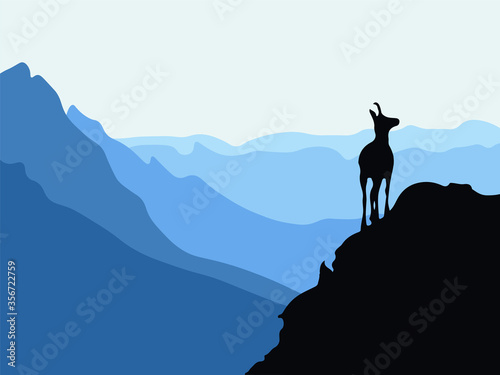 A chamois stands on top of a hill with mountains in the background. Black silhouette with blue background. Vector illustration.