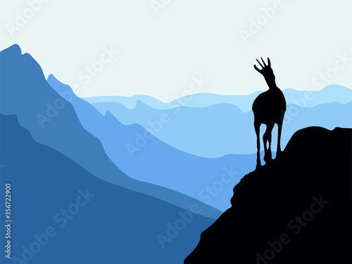 A chamois stands on top of a hill with mountains in the background. Black silhouette with blue background. Illustration.