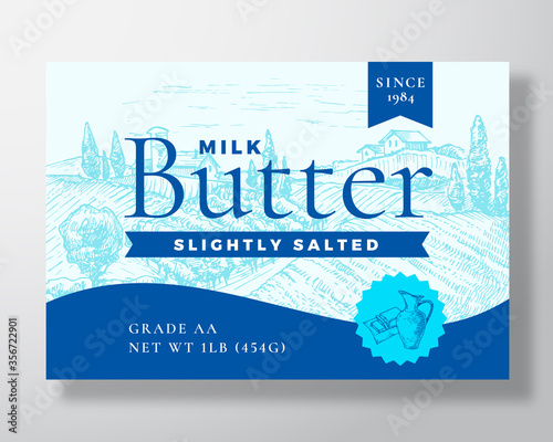 Slightly Salted Milk Butter Dairy Label Template. Abstract Vector Packaging Design Layout. Modern Typography Banner with Hand Drawn Pot and Rural Landscape Background.