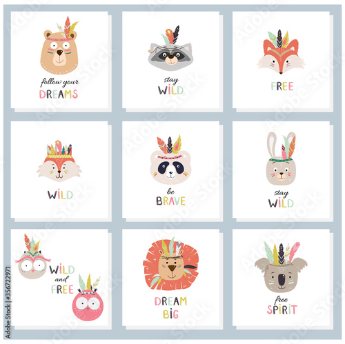 Set of cards with cute tribal, indian animals faces and decorative hand drawn text. Vector childish illustration for print, fabric design, cards, invitations. 