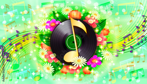 Summer background with flowers, notes and vinyl music plate
