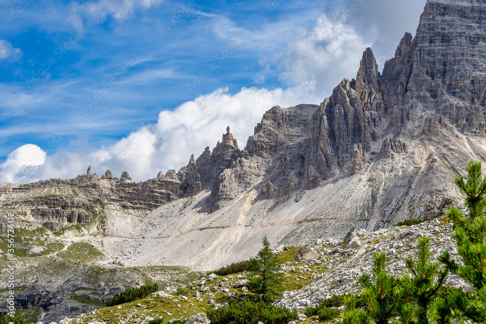 View from the three peaks of Lavaredo in the Sexten Dolomites of Italy.