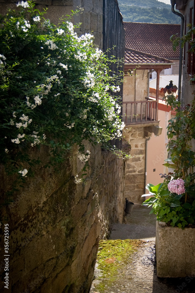 calle con flores de allariz, galicia, españa