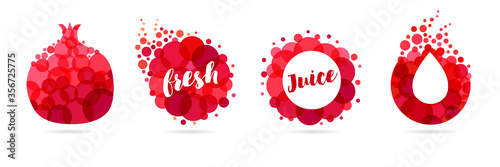 Pomegranate juice package logo advertising design with red concept bubble shape. Vector drop icons and splash drink isolated. Blood donor medical illustration