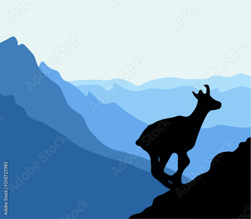 Black silhouette of chamois  jumping up the hill. Mountains in the background. Vector illustration.