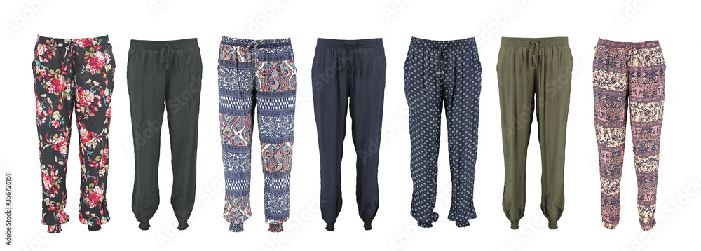 Harem pants collection with pattern. High cut harem pants. Isolated