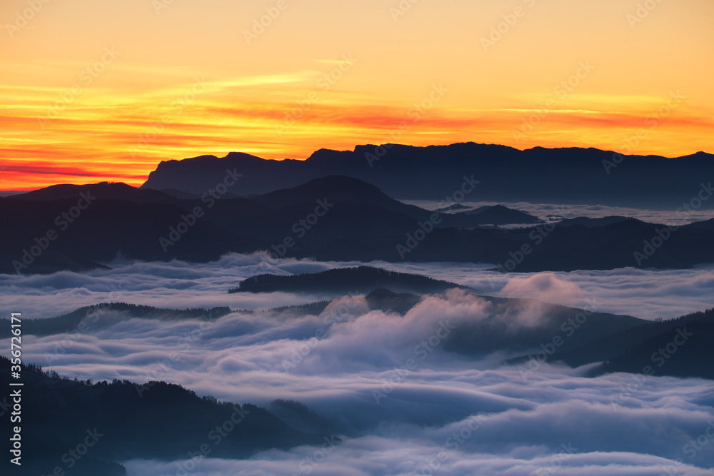 Munitibar, Bizkaia/Basque Country; Jan. 04, 2019. Sunrise from the top of Mount Oiz. A morning of a lot of fog and some beautiful colors