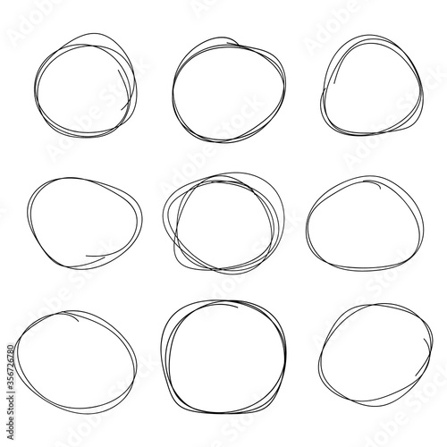 Hand drawn circle line sketch set. Vector circular scribble doodle round circles for message note mark design element. Pencil or pen graffiti bubble or ball draft illustration.