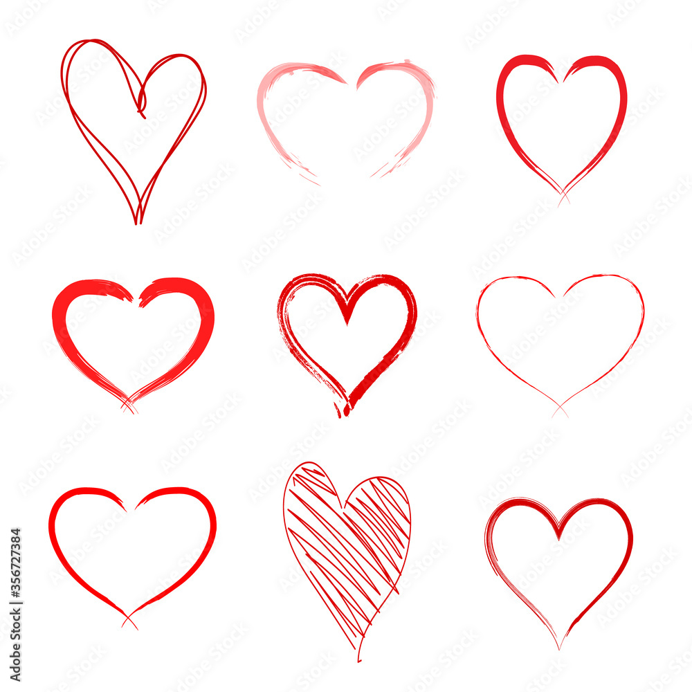 Set of nine hand drawn heart. Hand drawn rough marker hearts isolated on white background. Vector for your graphic design