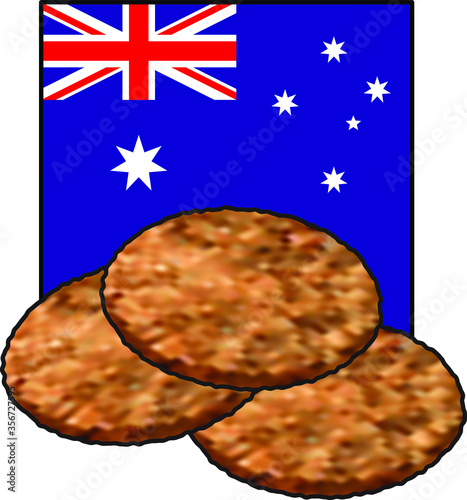 Three ANZAC biscuits / cookies and the Australian flag.