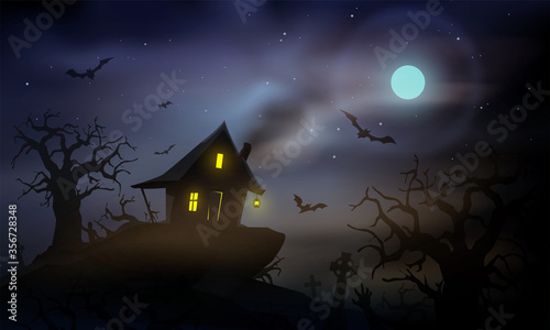 Haunted cabin in the woods vector illustration. Spooky halloween old house background. 