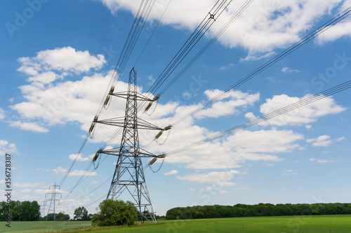 Fotografia Electricity pylons in a field with blue sky