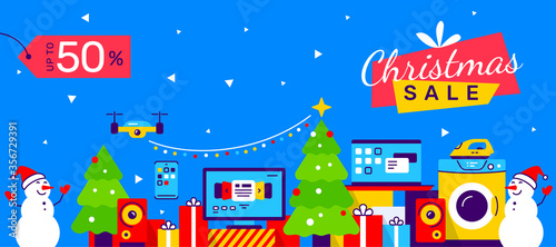 Sale of home domestic electronic appliances. Vector illustration of set of household appliances on winter background with christmas tree and happy snowman.