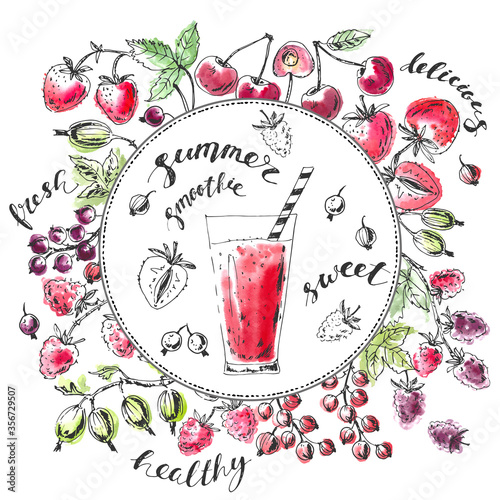 Hand drawn background with garden berries and rond space with smoothie glass.