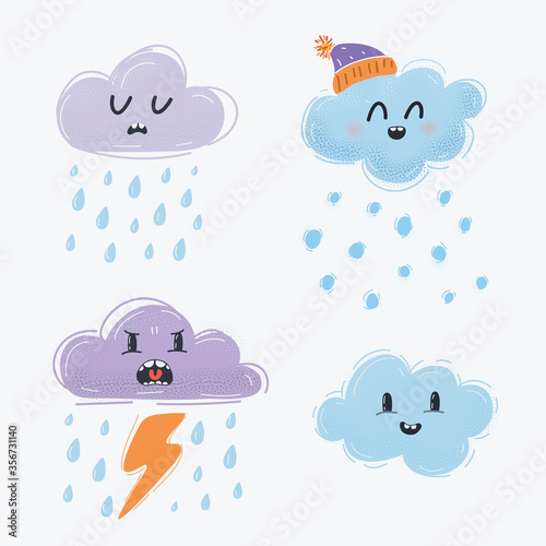 Clouds with different expression face. Sad rainy, happy snowy, Angry thunderstorm