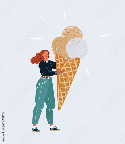 Vector illustration of Happy woman eating big icecream, isolated on white
