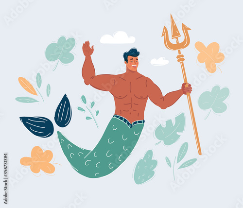 Vector illustration of Mermaid man with trident isolated on a white background