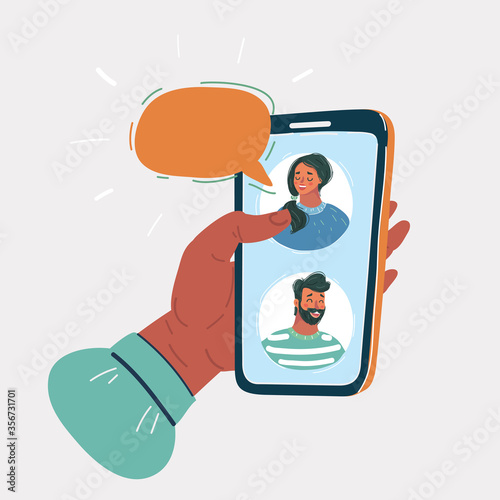 Vector illustration of conversation by smartphon, man and woman chatting together in messager by phone. Speech bubble above.
