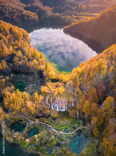 Aerial view of lakes surrounded by mountains in Plitvica Selo, Croatia photo