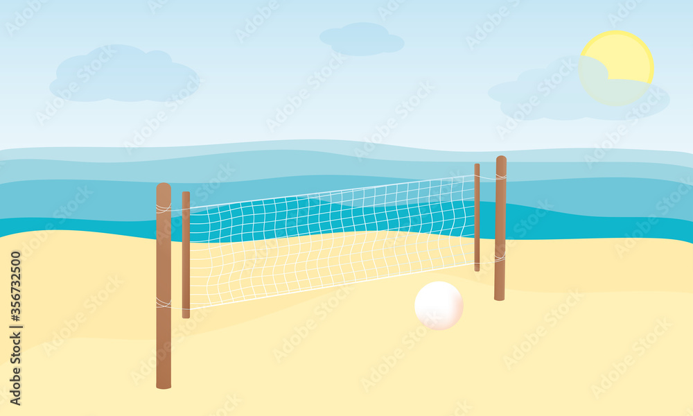 Vettoriale Stock Volleyball net on the beach by the sea background. Playing  volleyball on the beach. Healthy lifestyle. Vector flat cartoon  illustration. | Adobe Stock