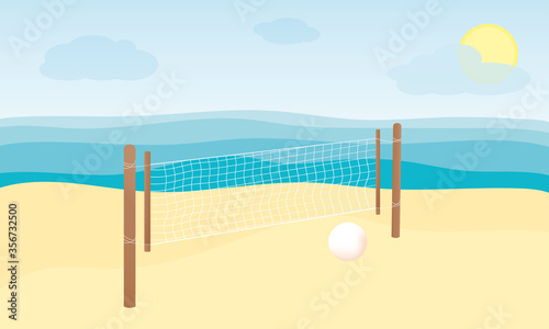 Volleyball net on the beach by the sea background. Playing volleyball on the beach. Healthy lifestyle. Vector flat cartoon illustration.