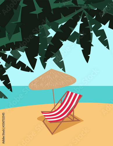 Beach chair and umbrella on the beach under the palm leaves