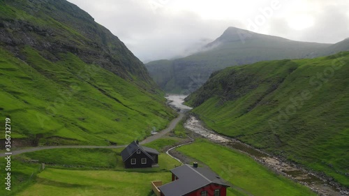 4k drone forward video (Ultra High Definition) of Saksun village. Exciting morning scene of Pollurin canyon, Faroe Islands, Denmark, Europe. Traveling concept background.