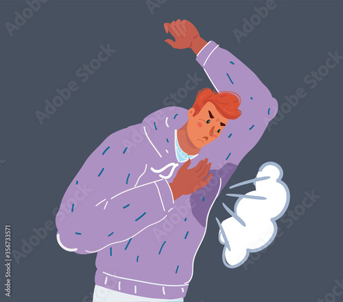 Vector illustration of Man with hyperhidrosis sweating very badly under armpit in blue shirt