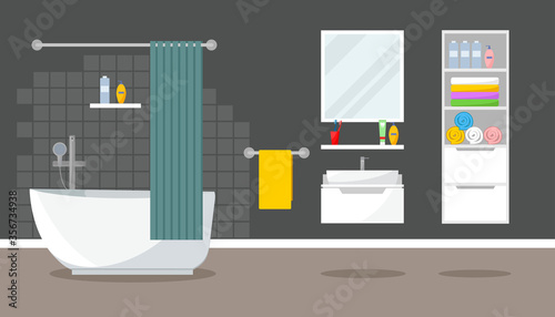 Modern bathroom interior with tub, washbasin, wardrobe. Flat style, vector illustration design template