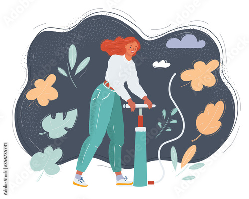 Vector illustration of woman with air pumper pressure. Pump it up concept.