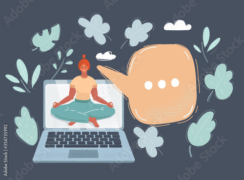 Vector illustration of young woman in kimono attend yoga with laptop on white background