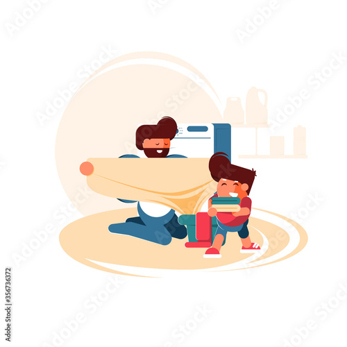 Family father and little child helper in laundry room near washing machine and dirty clothes. Dad and baby do the laundry. - Vector