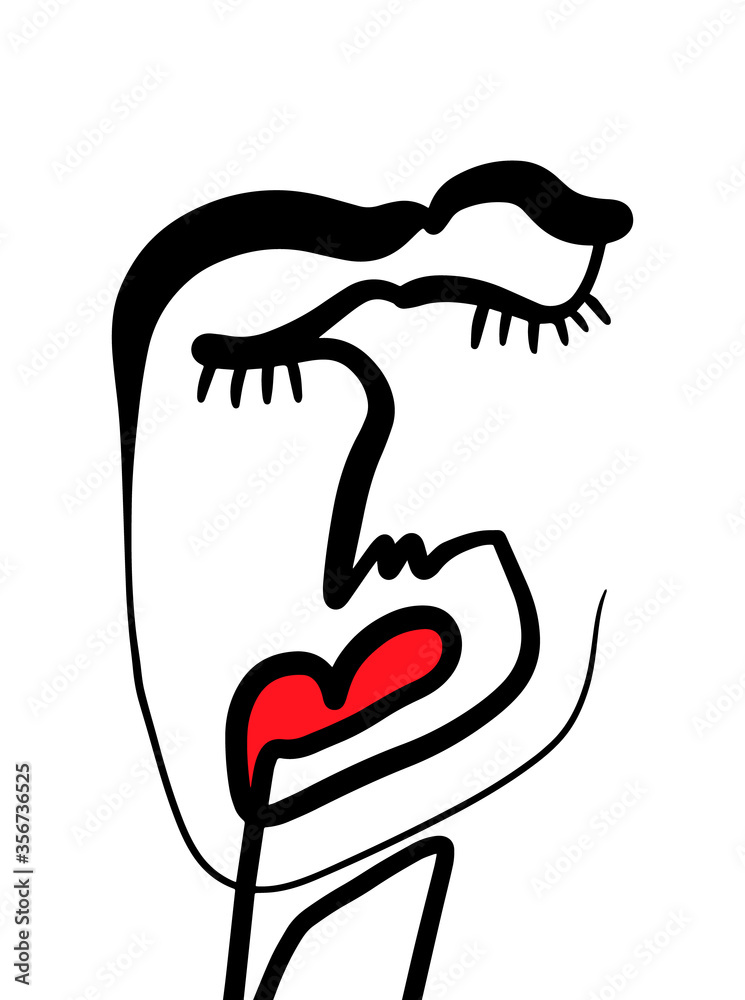 Obraz premium Modern Abstract Face Portrait. Linear Ink Brush. Line Art Current Contemporary Continuous Cubism Painting. Fashion Style Black And White Abstraction Poster. Vector Illustration Clipart.
