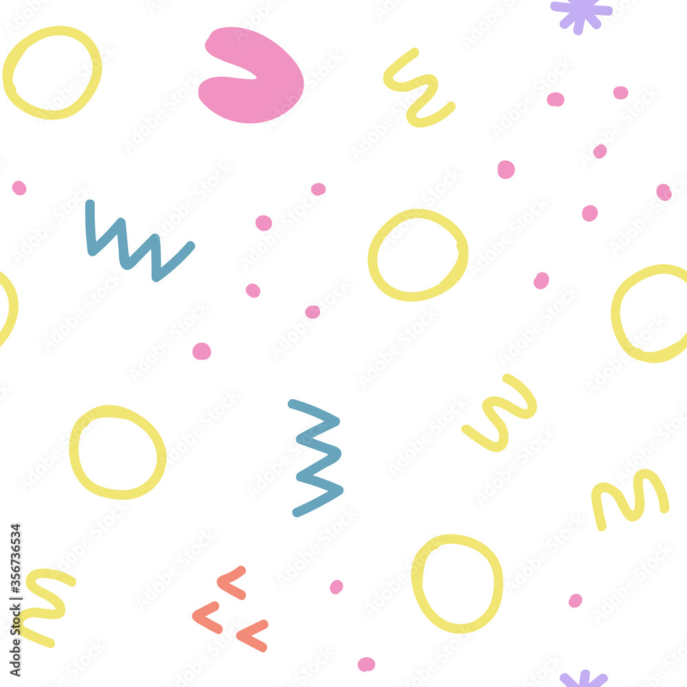 Fototapeta premium Abstract shapes seamless pattern. Festive background with colorful sprinkles and dots. Vector illustration design.