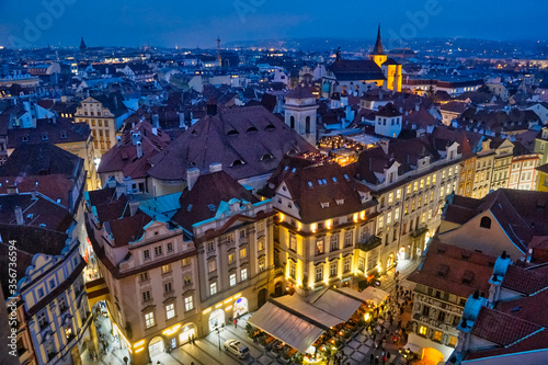 Aerial night view of the historic Prague central square © Alex Stepanov