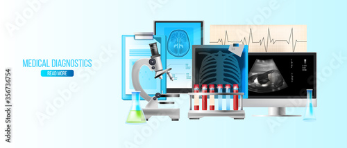 Medical diagnostics banner with microscope, MRI scan, cardiogram, tomography and ultrasound images. Healthcare concept in realistic style with blood samples in vials, x-ray, medical history flipchart