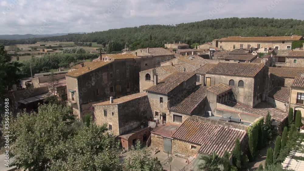 Aerial drone medieval town Peratallada europe stone Catalonia tower wall masia mountain Aerial drone medieval town Peratallada europe stone Catalonia tower wall masia mountain