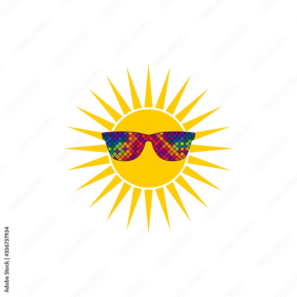 Sun with glasses icon. Summer sun flat sign for mobile concept and web design isolated on white background Sun with glasses icon. Summer sun flat sign for mobile concept and web design isolated on white background