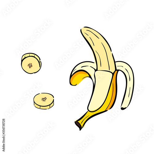Peeled banana with slice on white background. Vector illustration