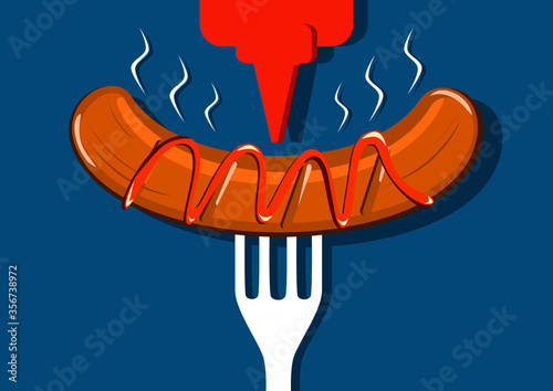 Fork with grilled sausage with ketchup bottle and grill